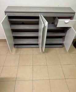 Modern Two-Tone Sideboard Cabinet – Grey Frame with White 4-Door Front, Asymmetric Drawer & Open Bottom Shelves - Image 6
