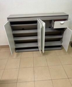 Modern Two-Tone Sideboard Cabinet – Grey Frame with White 4-Door Front, Asymmetric Drawer & Open Bottom Shelves - Image 7