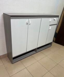 Modern Two-Tone Sideboard Cabinet – Grey Frame with White 4-Door Front, Asymmetric Drawer & Open Bottom Shelves - Image 8