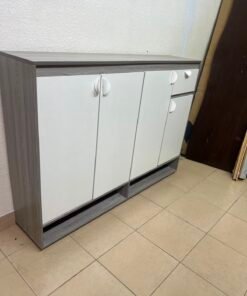 Modern Two-Tone Sideboard Cabinet – Grey Frame with White 4-Door Front, Asymmetric Drawer & Open Bottom Shelves - Image 9
