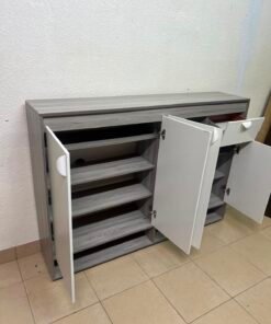 Modern Two-Tone Sideboard Cabinet – Grey Frame with White 4-Door Front, Asymmetric Drawer & Open Bottom Shelves - Image 10