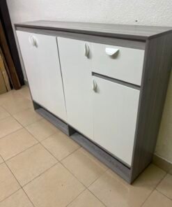 Modern Two-Tone Sideboard Cabinet – Grey Frame with White 4-Door Front, Asymmetric Drawer & Open Bottom Shelves - Image 11