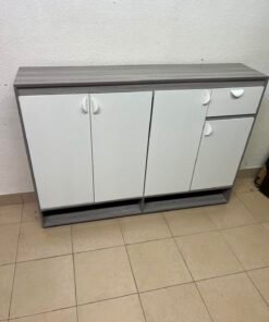 Modern Two-Tone Sideboard Cabinet – Grey Frame with White 4-Door Front, Asymmetric Drawer & Open Bottom Shelves - Image 12