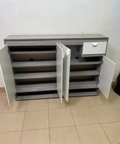 Modern Two-Tone Sideboard Cabinet – Grey Frame with White 4-Door Front, Asymmetric Drawer & Open Bottom Shelves - Image 13