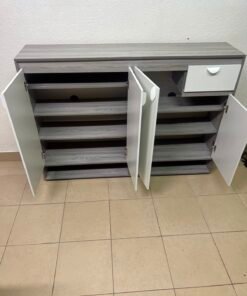 Modern Two-Tone Sideboard Cabinet – Grey Frame with White 4-Door Front, Asymmetric Drawer & Open Bottom Shelves - Image 14