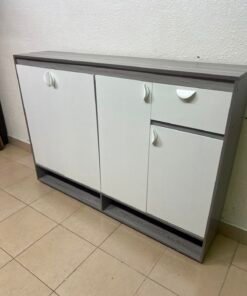 Modern Two-Tone Sideboard Cabinet – Grey Frame with White 4-Door Front, Asymmetric Drawer & Open Bottom Shelves - Image 16
