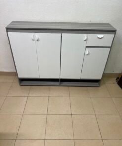 Modern Two-Tone Sideboard Cabinet – Grey Frame with White 4-Door Front, Asymmetric Drawer & Open Bottom Shelves