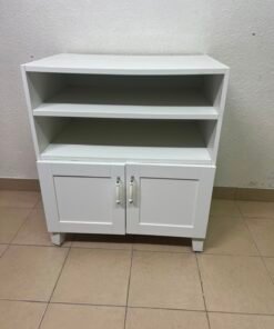 Classic White 2-Door Storage Cabinet with Open Shelves – Shaker-Style Display Unit with Adjustable Shelf & Curved Metal Handles
