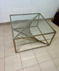 Sculptural Glass & Metal Square Coffee Table β Modern Geometric Brass Frame with Twisted Wire Art Base - Image 2