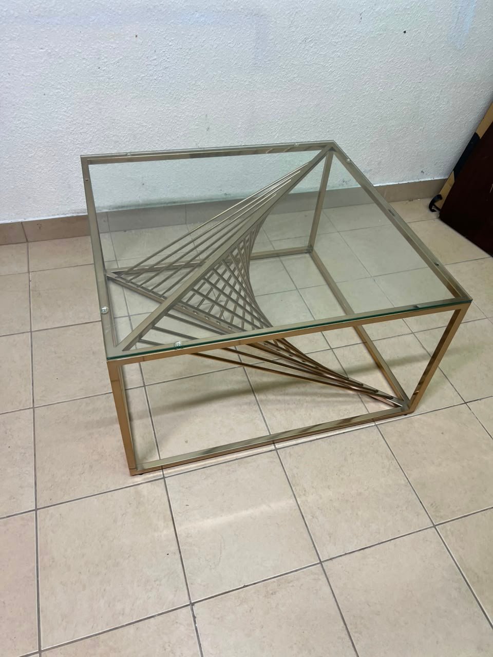 Sculptural Glass & Metal Square Coffee Table β Modern Geometric Brass Frame with Twisted Wire Art Base - Image 2