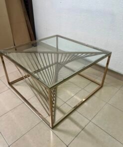 Sculptural Glass & Metal Square Coffee Table – Modern Geometric Brass Frame with Twisted Wire Art Base