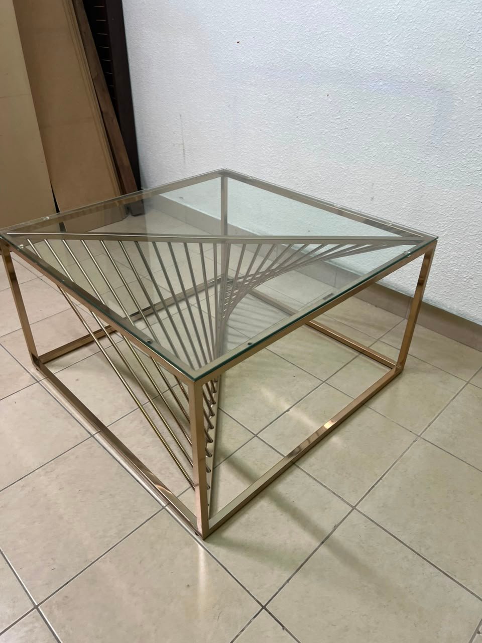 Sculptural Glass & Metal Square Coffee Table β Modern Geometric Brass Frame with Twisted Wire Art Base