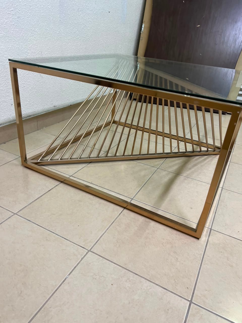 Sculptural Glass & Metal Square Coffee Table β Modern Geometric Brass Frame with Twisted Wire Art Base - Image 4