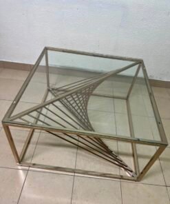 Sculptural Glass & Metal Square Coffee Table β Modern Geometric Brass Frame with Twisted Wire Art Base - Image 5