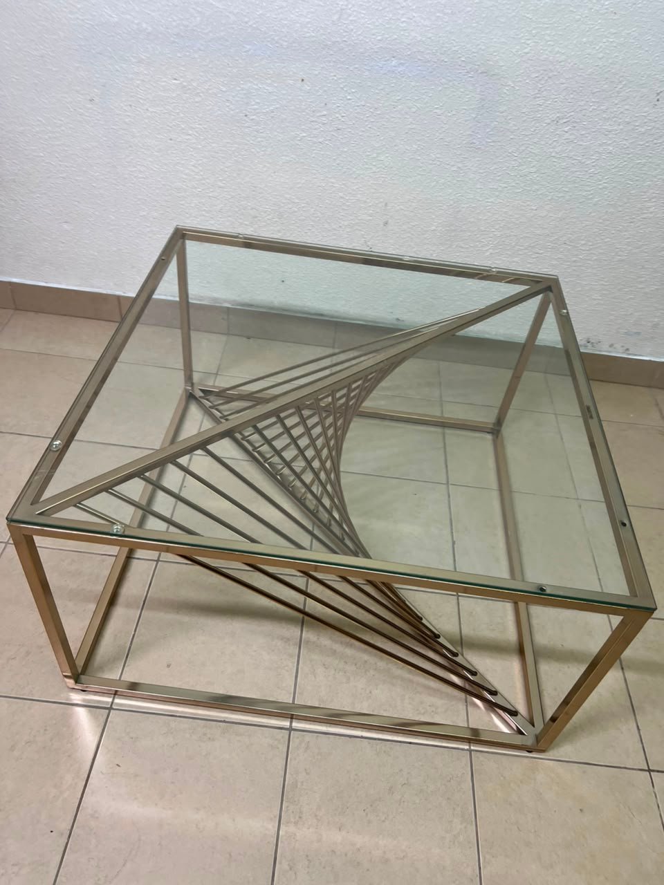Sculptural Glass & Metal Square Coffee Table β Modern Geometric Brass Frame with Twisted Wire Art Base - Image 5