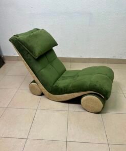 Olive Green Velvet Curved Floor Lounge Chair with Tufted Cushioning, Wooden Rollers & Headrest Pillow