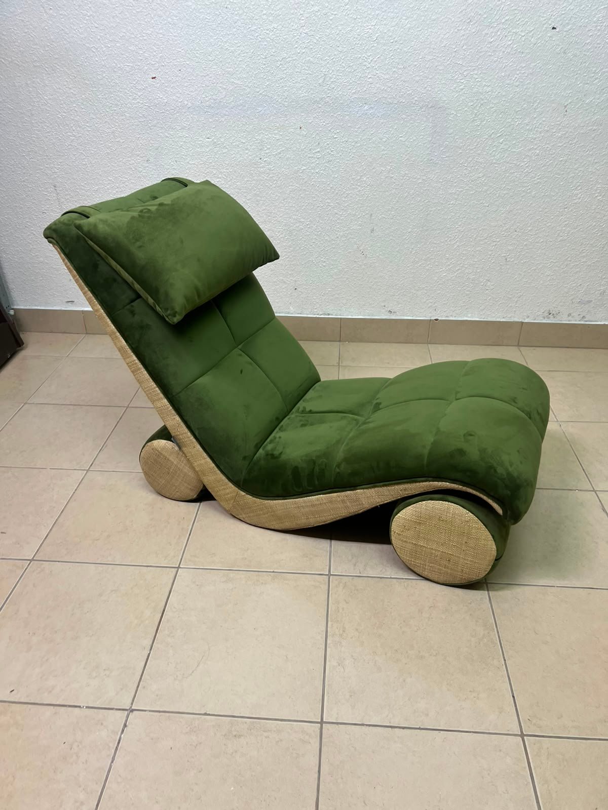 Olive Green Velvet Curved Floor Lounge Chair with Tufted Cushioning, Wooden Rollers & Headrest Pillow