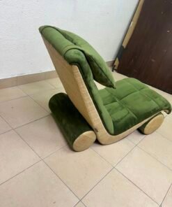 Olive Green Velvet Curved Floor Lounge Chair with Tufted Cushioning, Wooden Rollers & Headrest Pillow - Image 3