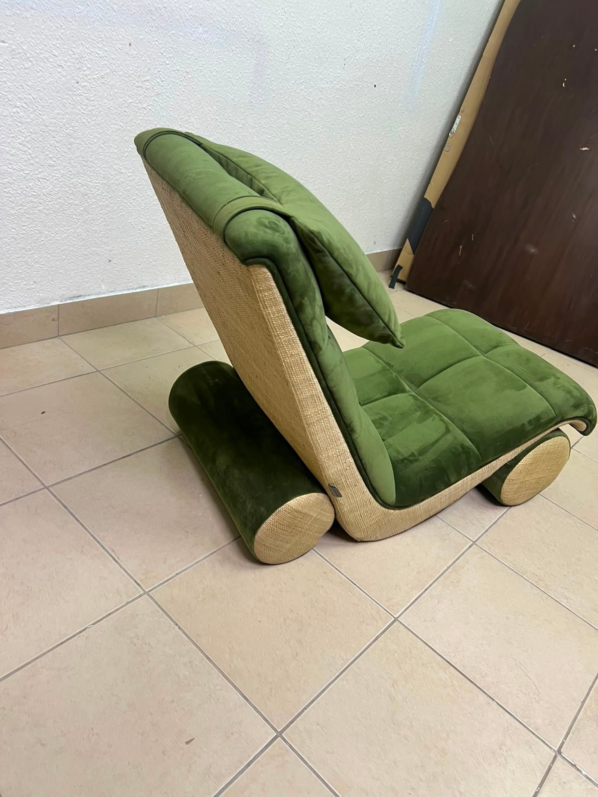 Olive Green Velvet Curved Floor Lounge Chair with Tufted Cushioning, Wooden Rollers & Headrest Pillow - Image 3