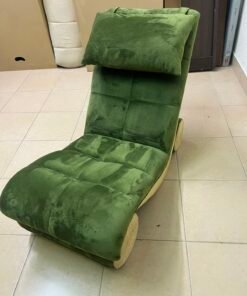 Olive Green Velvet Curved Floor Lounge Chair with Tufted Cushioning, Wooden Rollers & Headrest Pillow - Image 4