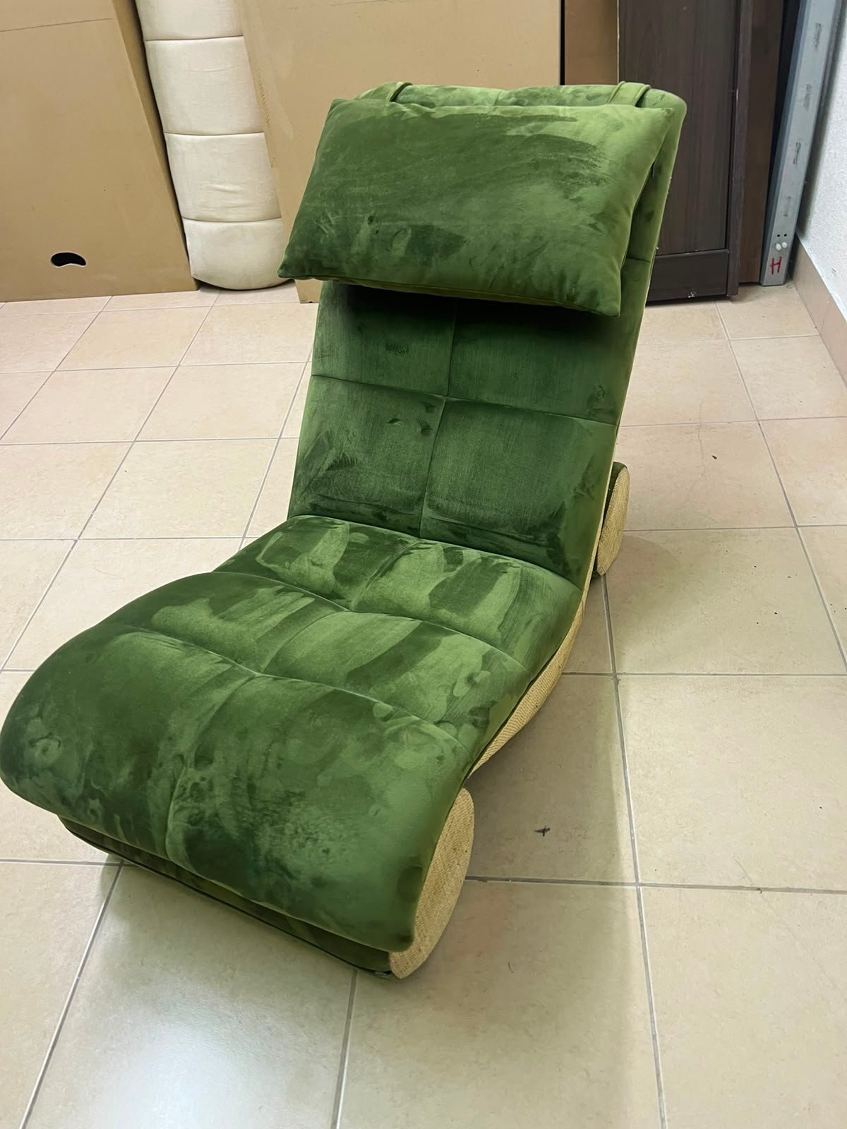 Olive Green Velvet Curved Floor Lounge Chair with Tufted Cushioning, Wooden Rollers & Headrest Pillow - Image 4