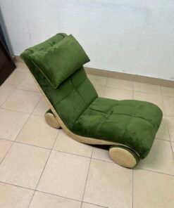 Olive Green Velvet Curved Floor Lounge Chair with Tufted Cushioning, Wooden Rollers & Headrest Pillow - Image 5