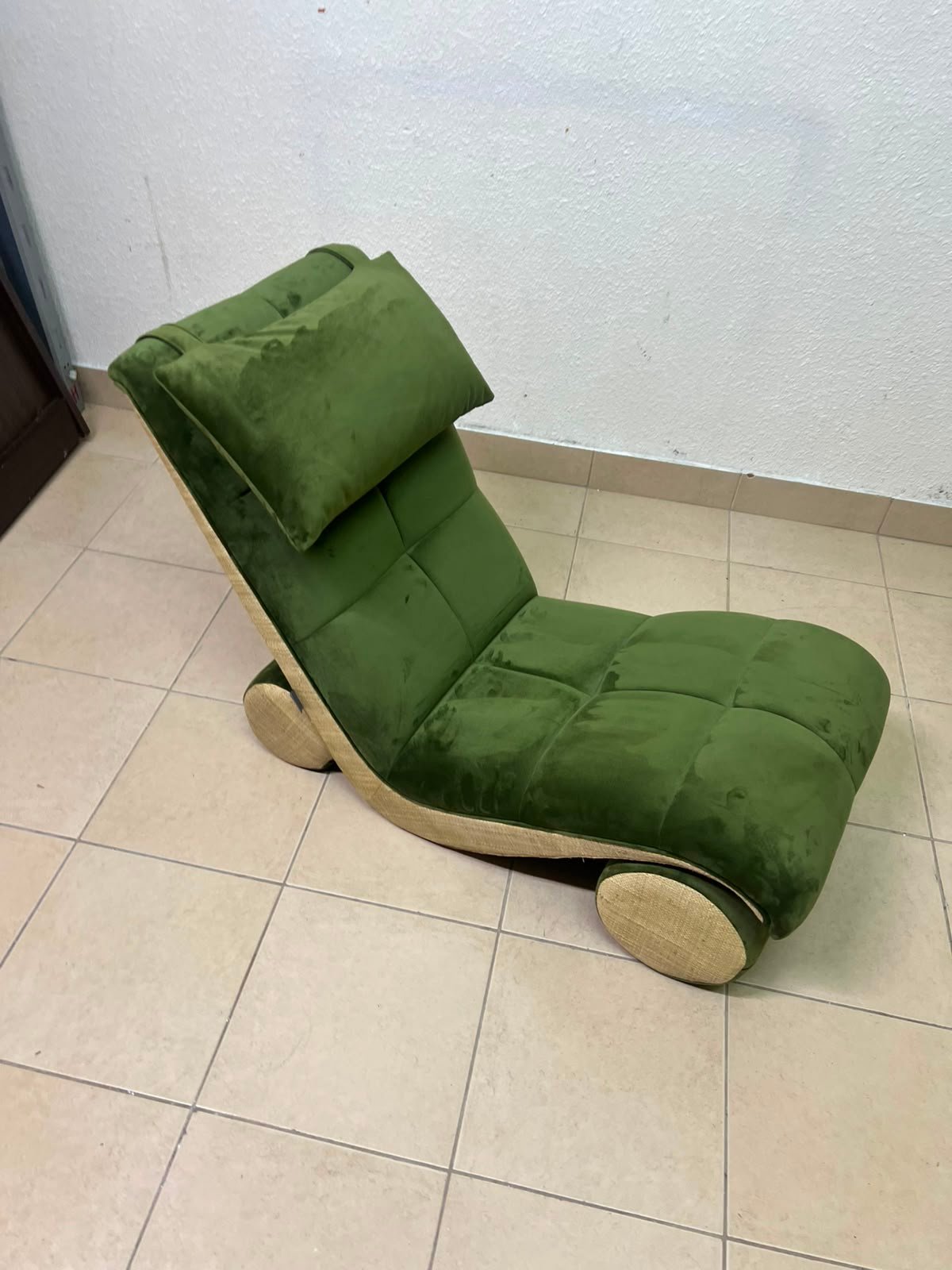Olive Green Velvet Curved Floor Lounge Chair with Tufted Cushioning, Wooden Rollers & Headrest Pillow - Image 5