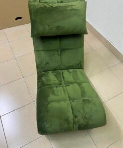 Olive Green Velvet Curved Floor Lounge Chair with Tufted Cushioning, Wooden Rollers & Headrest Pillow - Image 6