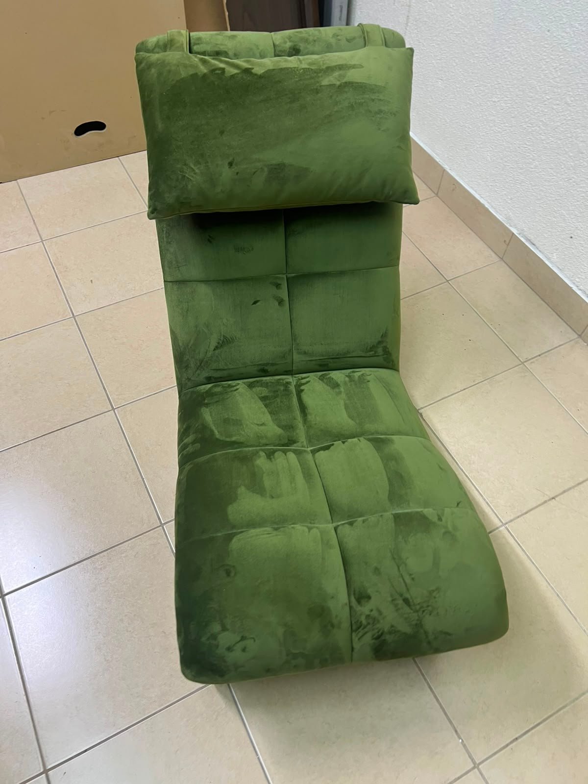 Olive Green Velvet Curved Floor Lounge Chair with Tufted Cushioning, Wooden Rollers & Headrest Pillow - Image 6