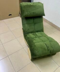 Olive Green Velvet Curved Floor Lounge Chair with Tufted Cushioning, Wooden Rollers & Headrest Pillow - Image 7