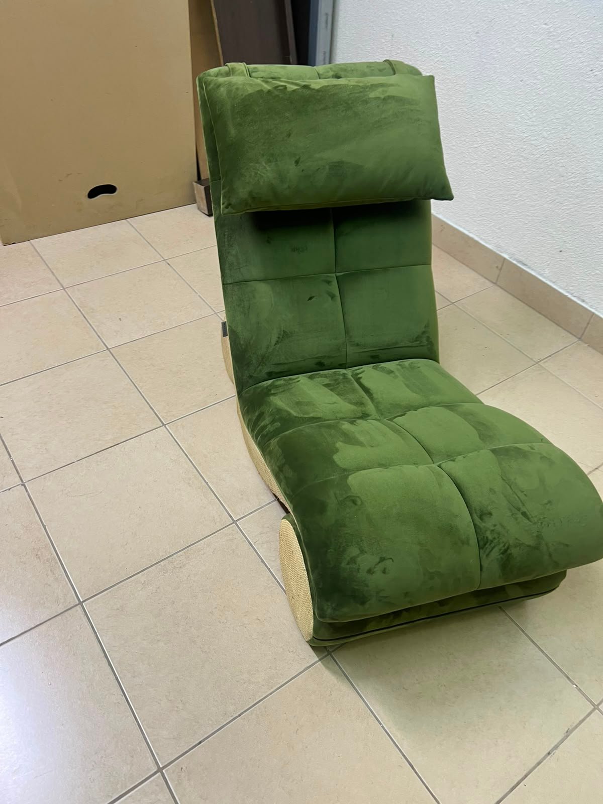 Olive Green Velvet Curved Floor Lounge Chair with Tufted Cushioning, Wooden Rollers & Headrest Pillow - Image 7