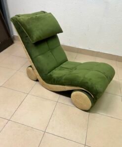 Olive Green Velvet Curved Floor Lounge Chair with Tufted Cushioning, Wooden Rollers & Headrest Pillow - Image 8