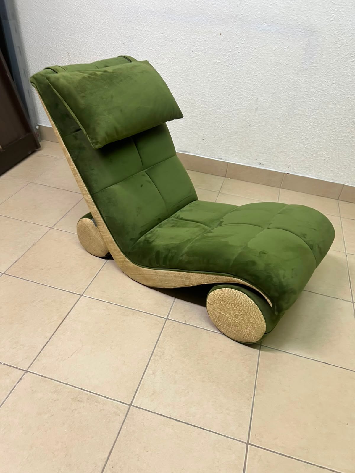 Olive Green Velvet Curved Floor Lounge Chair with Tufted Cushioning, Wooden Rollers & Headrest Pillow - Image 8