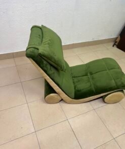 Olive Green Velvet Curved Floor Lounge Chair with Tufted Cushioning, Wooden Rollers & Headrest Pillow - Image 9