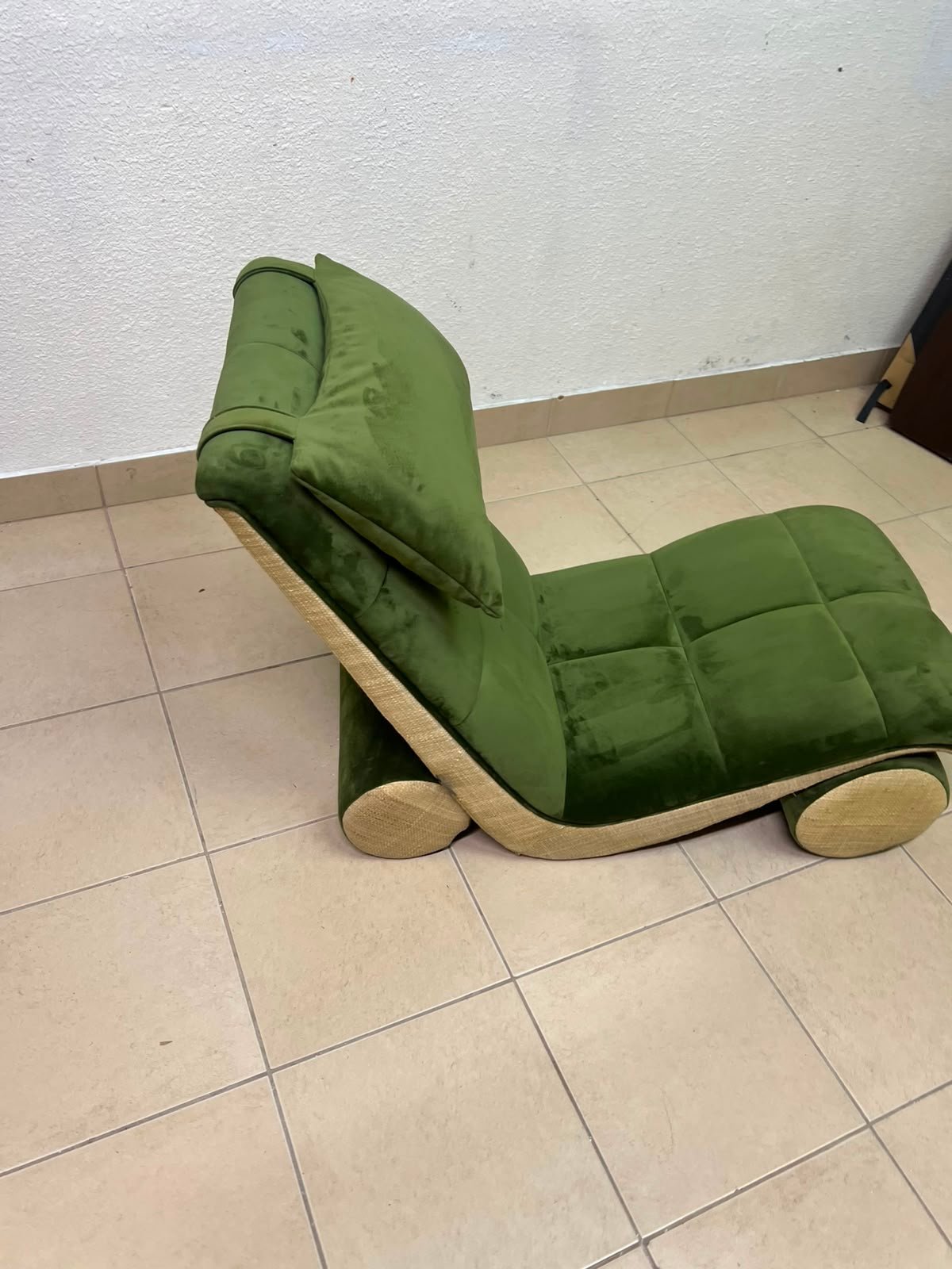 Olive Green Velvet Curved Floor Lounge Chair with Tufted Cushioning, Wooden Rollers & Headrest Pillow - Image 9