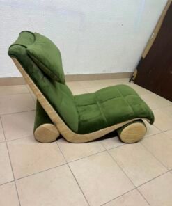 Olive Green Velvet Curved Floor Lounge Chair with Tufted Cushioning, Wooden Rollers & Headrest Pillow - Image 10