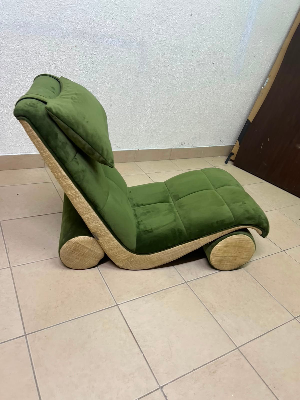 Olive Green Velvet Curved Floor Lounge Chair with Tufted Cushioning, Wooden Rollers & Headrest Pillow - Image 10
