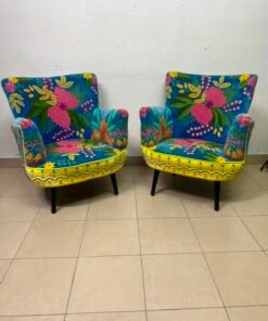 Set of 2 Boho Floral Embroidered Accent Chairs – Vibrant Teal & Yellow Armchairs with Black Tapered Legs - Image 2