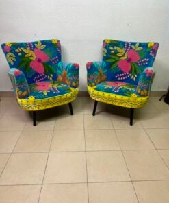 Set of 2 Boho Floral Embroidered Accent Chairs – Vibrant Teal & Yellow Armchairs with Black Tapered Legs