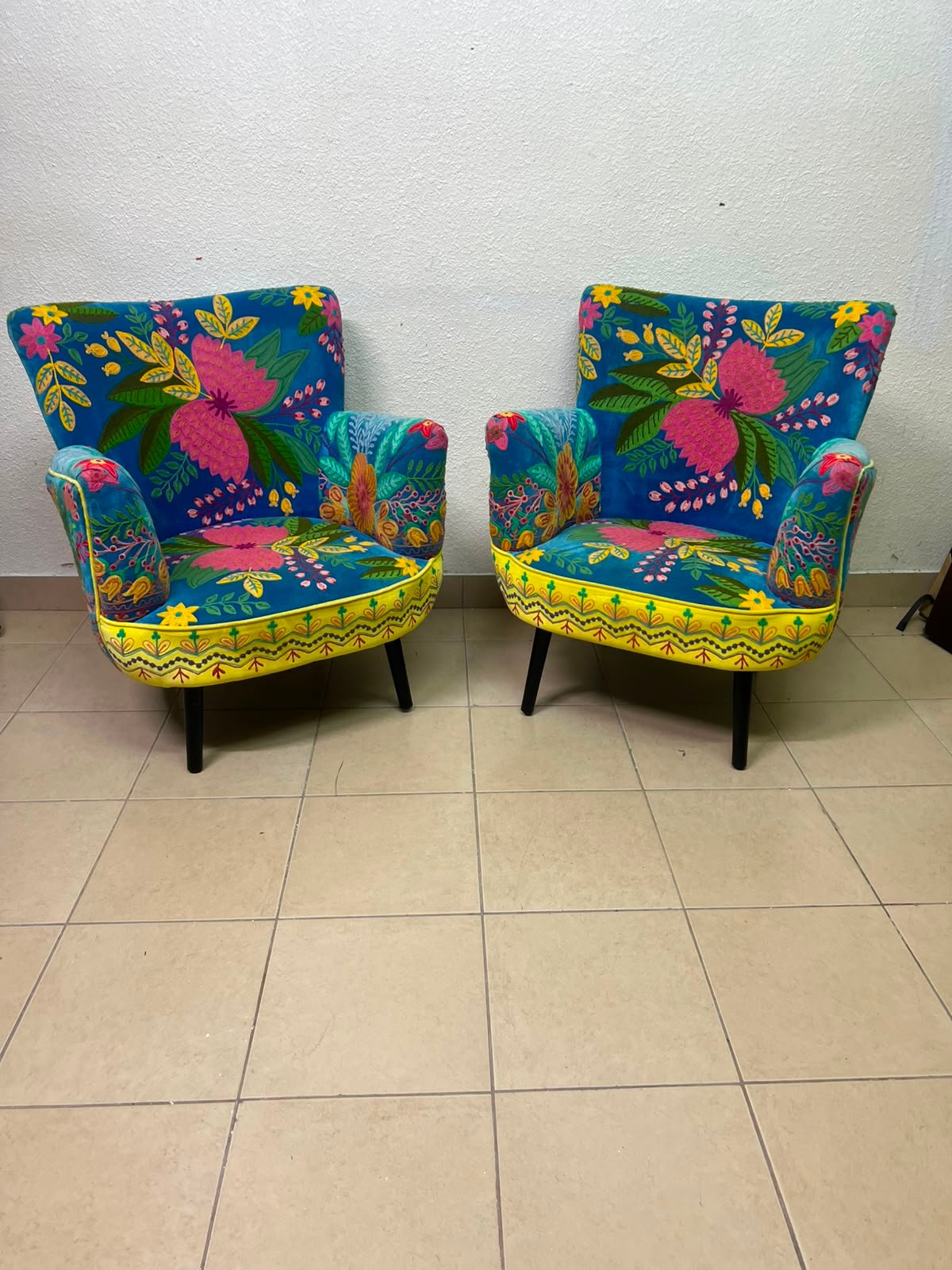 Set of 2 Boho Floral Embroidered Accent Chairs – Vibrant Teal & Yellow Armchairs with Black Tapered Legs