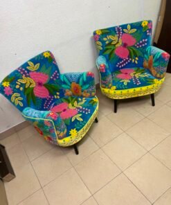 Set of 2 Boho Floral Embroidered Accent Chairs – Vibrant Teal & Yellow Armchairs with Black Tapered Legs - Image 5