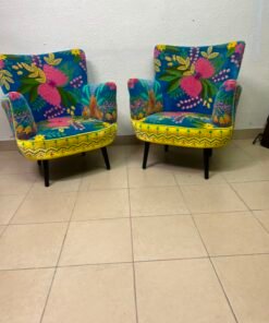 Set of 2 Boho Floral Embroidered Accent Chairs – Vibrant Teal & Yellow Armchairs with Black Tapered Legs - Image 4