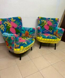 Set of 2 Boho Floral Embroidered Accent Chairs – Vibrant Teal & Yellow Armchairs with Black Tapered Legs - Image 6