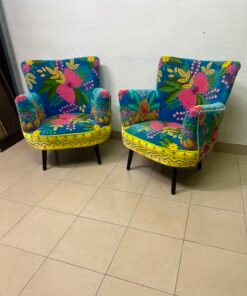 Set of 2 Boho Floral Embroidered Accent Chairs – Vibrant Teal & Yellow Armchairs with Black Tapered Legs - Image 7