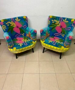 Set of 2 Boho Floral Embroidered Accent Chairs – Vibrant Teal & Yellow Armchairs with Black Tapered Legs - Image 8