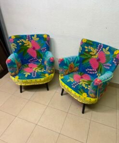 Set of 2 Boho Floral Embroidered Accent Chairs – Vibrant Teal & Yellow Armchairs with Black Tapered Legs - Image 9