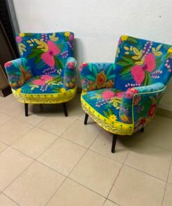 Set of 2 Boho Floral Embroidered Accent Chairs – Vibrant Teal & Yellow Armchairs with Black Tapered Legs - Image 10