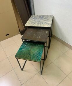 Set of 3 Geometric Nesting Tables – Minimalist Black Metal Frame with Unique Sunburst Art Glass/Terrazzo Tops - Image 3