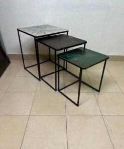 Set of 3 Geometric Nesting Tables – Minimalist Black Metal Frame with Unique Sunburst Art Glass/Terrazzo Tops - Image 4
