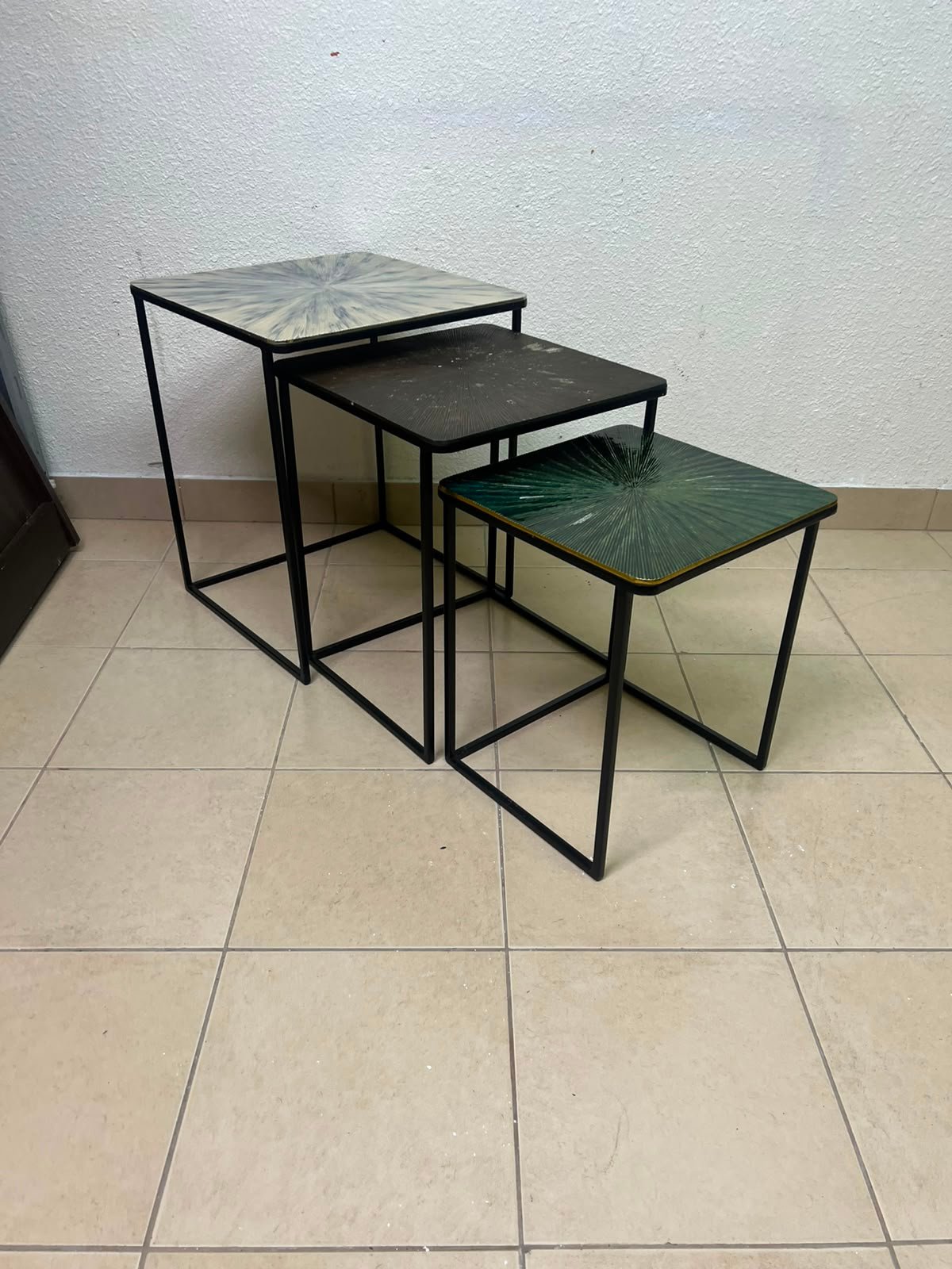 Set of 3 Geometric Nesting Tables – Minimalist Black Metal Frame with Unique Sunburst Art Glass/Terrazzo Tops - Image 4